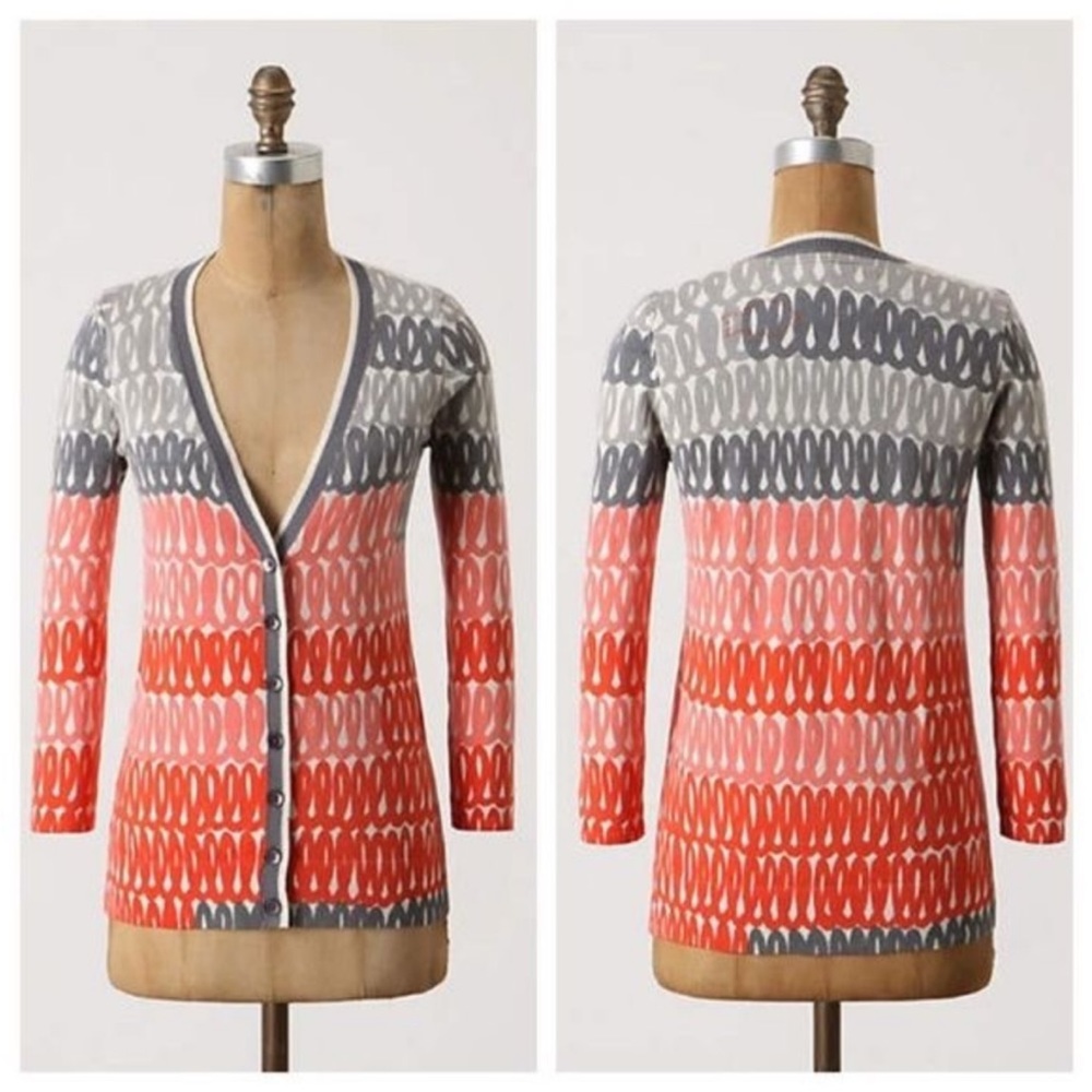 Anthropologie Cardigan Sweater Field Flower loop Stack 2000s Coral Grey Anthro